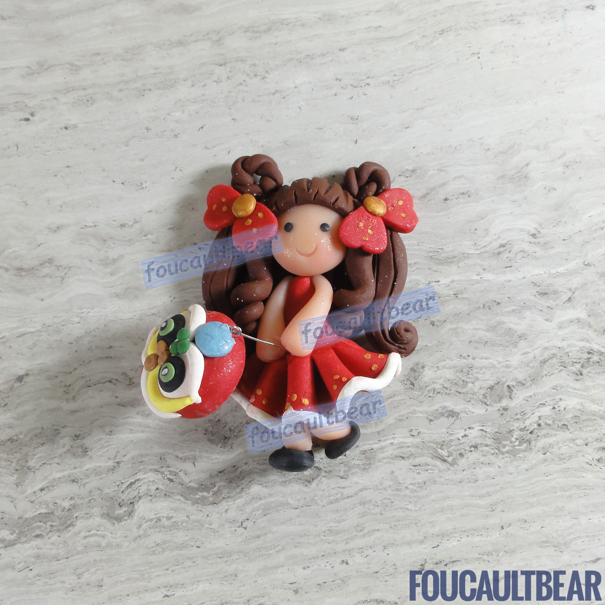 Foucaultbear's HANDMADE CLAY ART FLATBACK. Girl (Brunette) with Lantern. Handmade Polymer Clay Art. For Your Own Creative Use, such as on Hair Bow Barrette Clips, Picture Frames and Refrigerator Magnets. This flatback clay Girl (Brunette) with Lantern looks great on picture frames or any of your art projects. Makes for a cute refrigerator magnet too. A unique and creative gift.