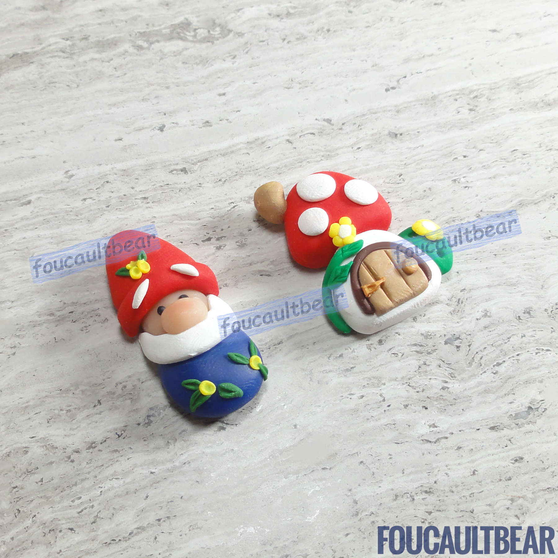 Foucaultbear's HANDMADE CLAY ART FLATBACK. Gnome or Mushroom House, or Set of 2. Handmade Polymer Clay Art. For Your Own Creative Use, such as on Hair Bow Barrette Clips, Picture Frames and Refrigerator Magnets. This flatback Clay Garden/Holiday Gnome or Mushroom House makes for perfect hair centerpieces. Bought as a set, the gnome turns into a garden gnome with his summer mushroom home. Used individually on a ponytail, it can also turn into a holiday gnome with its vibrant holiday colors. 