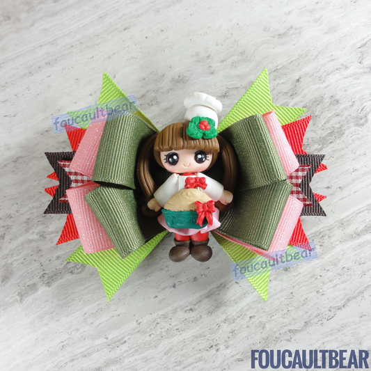 Foucaultbear's HANDMADE MULTI-LAYERED HAIR BOW CLIP with CLAY CENTERPIECE. Clay Chef Girl. Handmade Polymer Clay Centerpiece. Grosgrain Ribbon. French Barrette Hair Clip for Ponytail or Pigtails. Cute Holiday Girl Chef centerpiece hair bow/barrette is perfect for toddlers, preschoolers, kindergartners, elementary or even middle-schoolers. A pretty accessory for the upcoming Holidays Season. Great to wear year round. Notice that delicious pie she's showing off! 