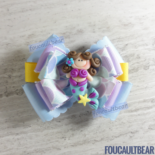 Foucaultbear's. HANDMADE MULTI-LAYERED HAIR BOW CLIP with CLAY CENTERPIECE. Pastel Mermaid with Starfish. Handmade Polymer Clay Centerpiece. Grosgrain Ribbon. French Barrette Hair Clip for Ponytail or Pigtails. Swimming Mermaid with Starfish centerpiece adorns this hair bow. Perfect for toddlers, preschoolers, kindergartners, elementary or even middle-schoolers. Great to wear year round. Who's to argue with mermaid and starfish! 