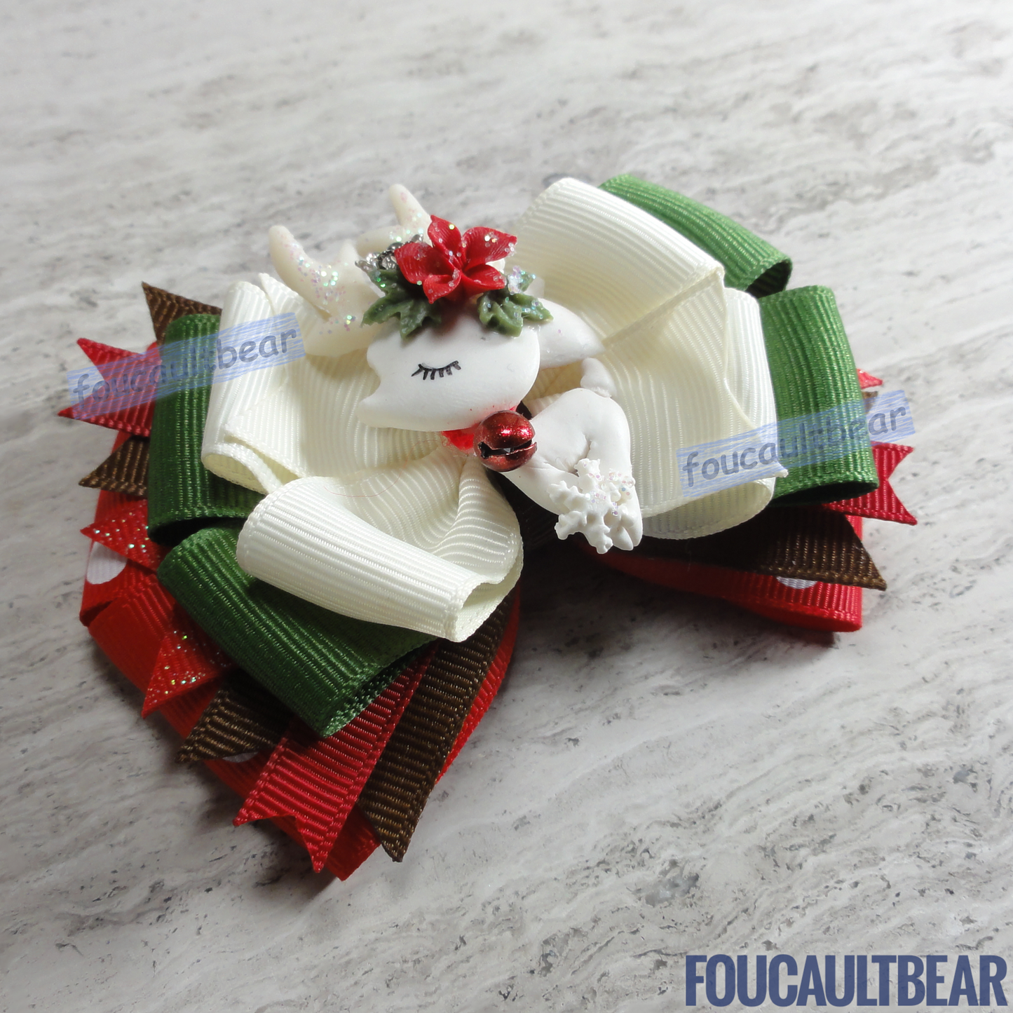 Foucaultbear's HANDMADE MULTI-LAYERED HAIR BOW CLIP with CLAY CENTERPIECE. Snow Deer with Festive Bell & Tiara. Handmade Polymer Clay Centerpiece. Grosgrain Ribbon. French Barrette Hair Clip for Ponytail or Pigtails. Adorable White Clay Snow Reindeer centerpiece adorns this winter wonderland hair bow barrette. See the red bell, silver tiara, mistletoe & snowflakes by her ankles! Perfect for toddlers, preschoolers, kindergartners, elementary or even middle-schoolers for Christmas & Winter.