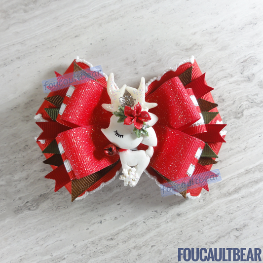 Foucaultbear's HANDMADE MULTI-LAYERED HAIR BOW CLIP with CLAY CENTERPIECE. Snow Reindeer in Festive Red. Handmade Polymer Clay Centerpiece. Grosgrain Ribbon. French Barrette Hair Clip for Ponytail or Pigtails. Adorable White Clay Snow Reindeer centerpiece adorns this festive hair bow. Perfect for toddlers, preschoolers, kindergartners, elementary or even middle-schoolers for the coming holiday Christmas & Winter season. Great for adults and any time of the year you feel the need for some snow & reindeer! 