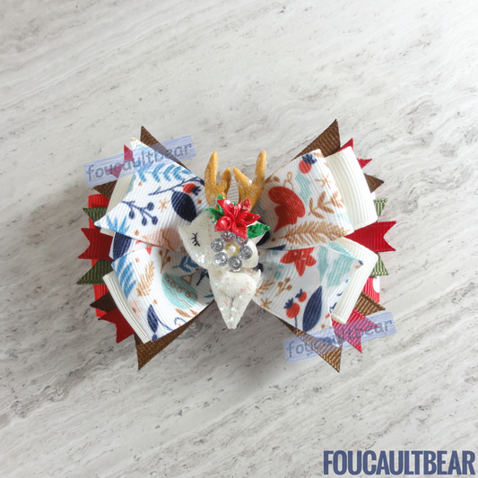 Foucaultbear's HANDMADE MULTI-LAYERED HAIR BOW CLIP with CLAY CENTERPIECE. Snow Reindeer in Winter Wonderland. Handmade Polymer Clay Centerpiece. Grosgrain Ribbon. French Barrette Hair Clip for Ponytail or Pigtails. Adorable White Clay Snow Reindeer centerpiece adorns this winter wonderland hair bow barrette. Perfect for toddlers, preschoolers, kindergartners, elementary or even middle-schoolers for the coming holiday Christmas & Winter season. For adults and year round.