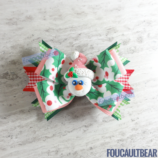 Foucaultbear's. HANDMADE MULTI-LAYERED HAIR BOW CLIP with CLAY CENTERPIECE. Snowman with Pink Cap. Handmade Polymer Clay Centerpiece. Grosgrain Ribbon. French Barrette Hair Bow for Ponytail & Pigtails. Adorable Winter Christmas Holiday Snowman with Pink Cap centerpiece adorns this hair bow barrette. Perfect for toddlers, preschoolers, kindergartners, elementary or even middle-schoolers for the coming holiday season. Looks great on adults too! 