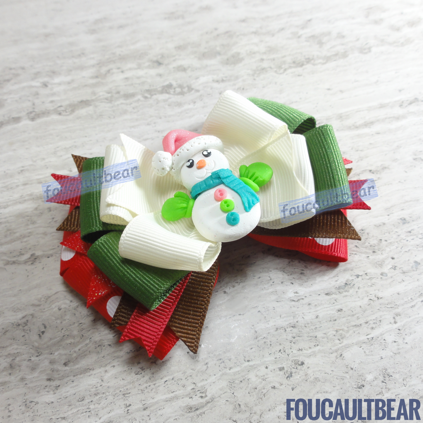 Foucaultbear's HANDMADE MULTI-LAYERED HAIR BOW CLIP with CLAY CENTERPIECE. Snowman with Scarf & Mittens. Handmade Polymer Clay Centerpiece. Grosgrain Ribbon. French Barrette Hair Bow for Ponytail & Pigtails. Adorable Snowman with Scarf & Mittens centerpiece adorns this hair bow barrette. Perfect for toddlers, preschoolers, kindergartners, elementary or even middle-schoolers for the coming holiday season. Looks great on adults too! 