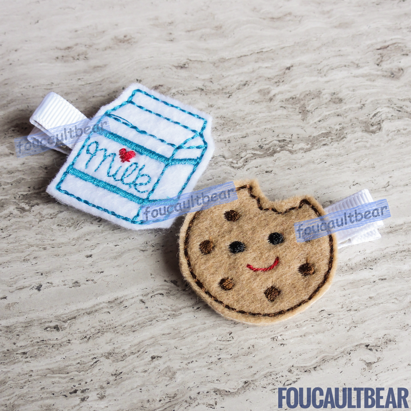 Foucaultbear's HANDMADE HAIR CLIPPIES. Set of Milk & Cookie (Blue Lettering & Cookie Bite). Embroidered Soft Felt Centerpieces. Partially Lined Alligator Hair Clips. This darling Milk & Cookie Hair Clippie Set is perfect for toddlers, preschoolers, kindergartners, grade-schoolers or babies with enough hair to wear them, year-round. Very Versatile, in my opinion. Milk measures approximately 1 3/4 inches (4.5 cm) in height, and Cookie measures approximately 1 1/2 inches (3.8 cm) wide. 