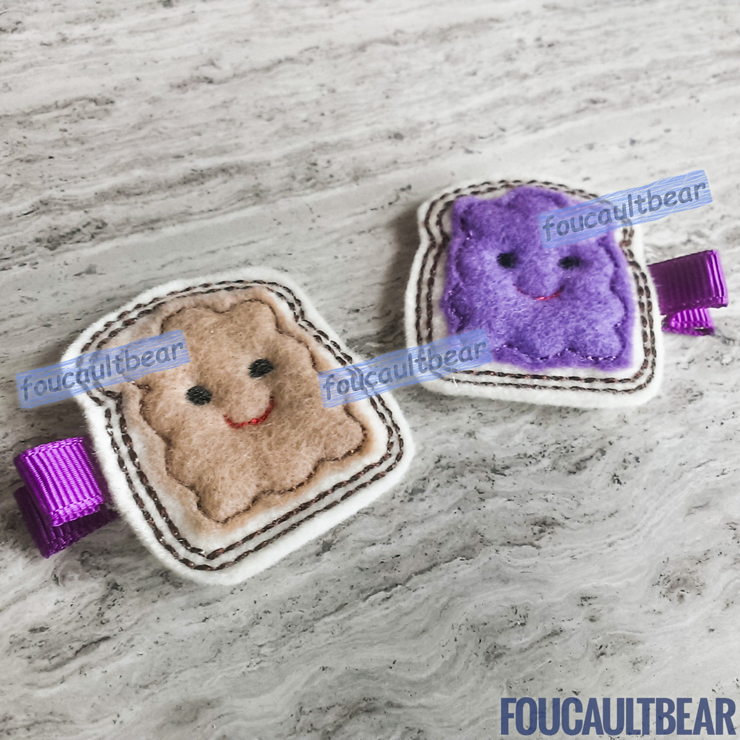 Foucaultbear's HANDMADE HAIR CLIPPIES. Set of Peanut Butter & Jelly (Grape). Embroidered Soft Felt Centerpieces. Partially Lined Alligator Hair Clips. This darling PB&J Hair Clip Set is perfect for toddlers, preschoolers, kindergartners, grade-schoolers or babies with enough hair to wear them, year-round. Very Versatile, in my opinion. Each bread measures in at approximately 1 3/4 inches (4.5 cm) in height. Attached with 1 3/4 inch (4.5 cm) partially lined alligator clips. 