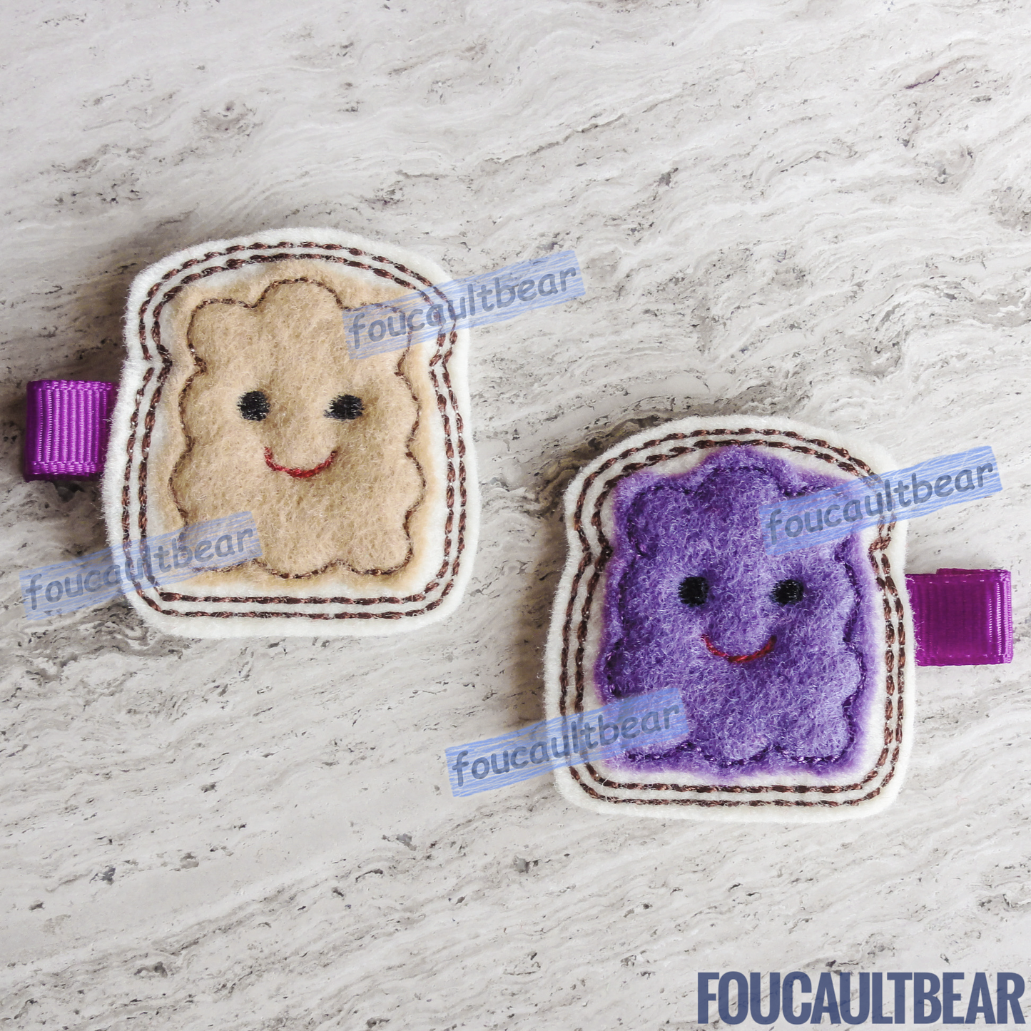 Foucaultbear's HANDMADE HAIR CLIPPIES. Set of Peanut Butter & Jelly (Grape). Embroidered Soft Felt Centerpieces. Partially Lined Alligator Hair Clips. This darling PB&J Hair Clip Set is perfect for toddlers, preschoolers, kindergartners, grade-schoolers or babies with enough hair to wear them, year-round. Very Versatile, in my opinion. Each bread measures in at approximately 1 3/4 inches (4.5 cm) in height. Attached with 1 3/4 inch (4.5 cm) partially lined alligator clips. 