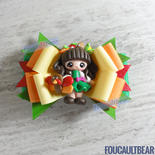 Foucaultbear's HANDMADE MULTI-LAYERED HAIR BOW with CLAY CENTERPIECE. Girl with Turkey & Autumn Harvest Vegetables. Handmade Polymer Clay Centerpiece. Grosgrain Ribbon. French Barrette Hair Clip for Ponytail or Pigtails. Adorable Girl with Turkey & Autumn Harvest Vegetables adorning the center of this bow barrette is perfect for toddlers, preschoolers, kindergartners, elementary or even middle-schoolers for the coming Fall Harvest Thanksgiving & Holiday Seasons. Perfect for adults too! 