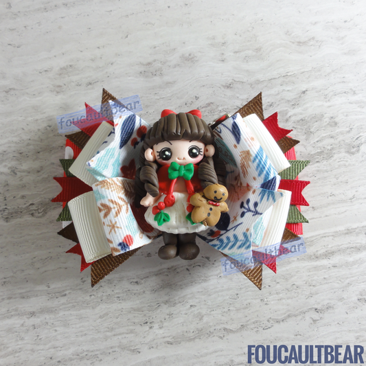 Foucaultbear's HANDMADE MULTI-LAYERED HAIR BOW CLIP with CLAY CENTERPIECE. Winter Holiday Christmas Girl with Gingerbread Man. Handmade Polymer Clay Centerpiece. Grosgrain Ribbon. French Barrette Hair Clip for Ponytail or Pigtails. Adorable Girl with Gingerbread Man centerpiece adorns this hair bow. Perfect for toddlers, preschoolers, kindergartners, elementary or even middle-schoolers for the coming holiday season. Can be worn year round anytime you feel like some homemade gingerbread! 