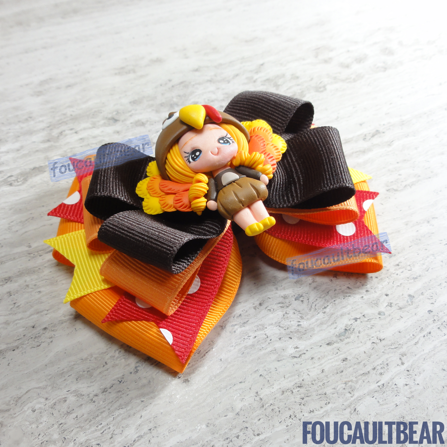 Foucaultbear's HANDMADE MULTI-LAYERED HAIR BOW CLIP with CLAY CENTERPIECE. Clay Girl in Turkey Outfit. Handmade Polymer Clay Centerpiece. Grosgrain Ribbon. French Barrette Hair Clip for Ponytail & Pigtails. Adorable Girl in Turkey Outfit Handmade Polymer Clay centerpiece adorns this hair bow. Perfect for toddlers, preschoolers, kindergartners, elementary or even middle-schoolers for the coming Halloween, Thanksgiving & Christmas holiday seasons, or year round when you just need a girl in a turkey costume! 