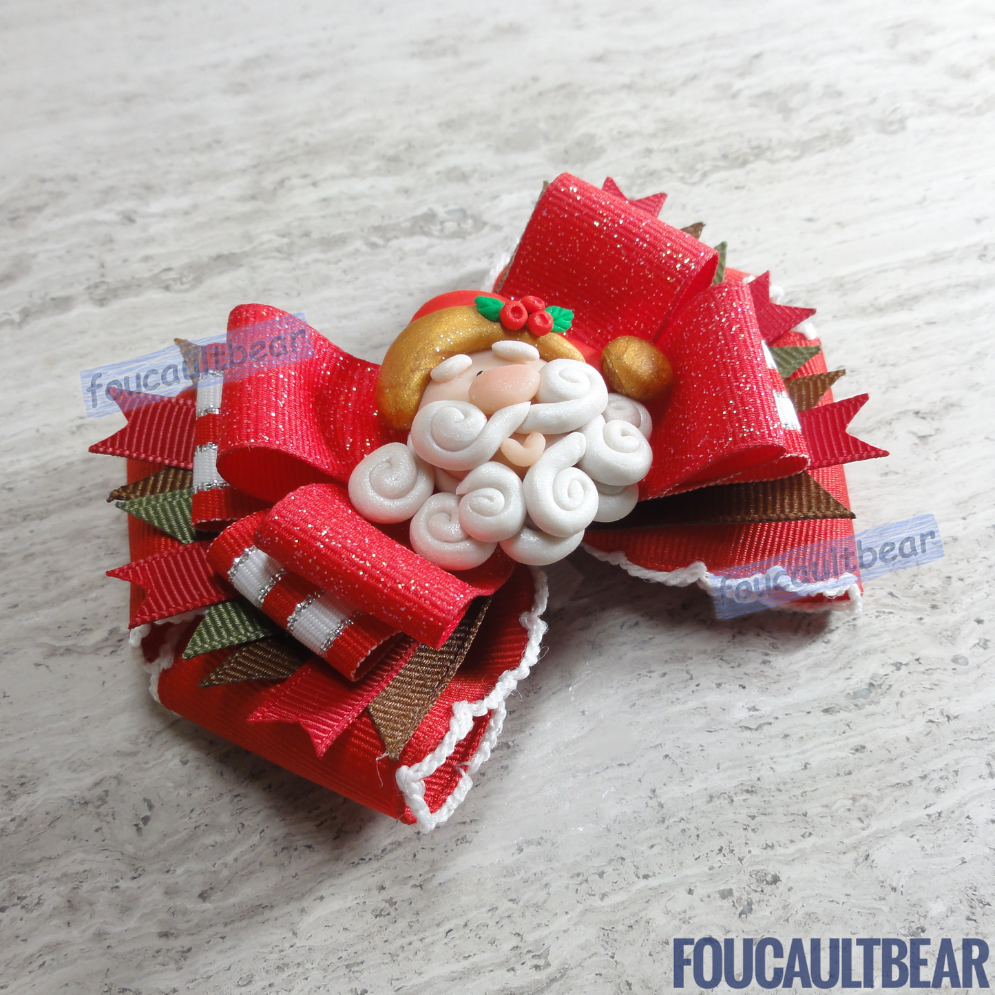 Foucaultbear's HANDMADE MULTI-LAYERED HAIR BOW CLIP with CLAY CENTERPIECE. Jolly Santa Claus with Gold Trim. Handmade Polymer Clay Centerpiece. Grosgrain Ribbon. French Barrette Hair Bow for Ponytail & Pigtails. Jolly Father Santa Claus with Gold Trim centerpiece adorns this hair bow barrette. Perfect for toddlers, preschoolers, kindergartners, elementary or even middle-schoolers for the coming holiday season. Looks great on adults too! 