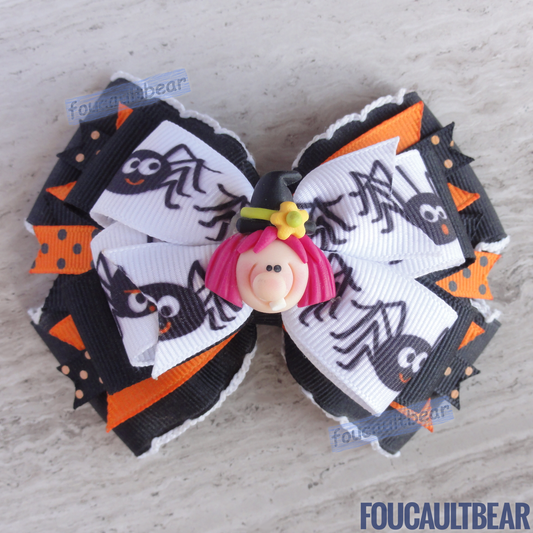 Foucaultbear's HANDMADE MULTI-LAYERED HAIR BOW CLIP with CLAY CENTERPIECE. Pink Haired Witch. Handmade Polymer Clay Centerpiece. Grosgrain Ribbon. French Barrette Hair Clip for Ponytail & Pigtails. Absolutely Adorable Pink Haired Witch hair bow. Moonstitch ribbon on the bottom layer adds a timeless elegance to the bow. Perfect for toddlers, preschoolers, kindergartners, elementary or middle-schoolers for Halloween or year round for that Sassy Witch look! Hocus Pocus Winifred, Sarah & Mary 