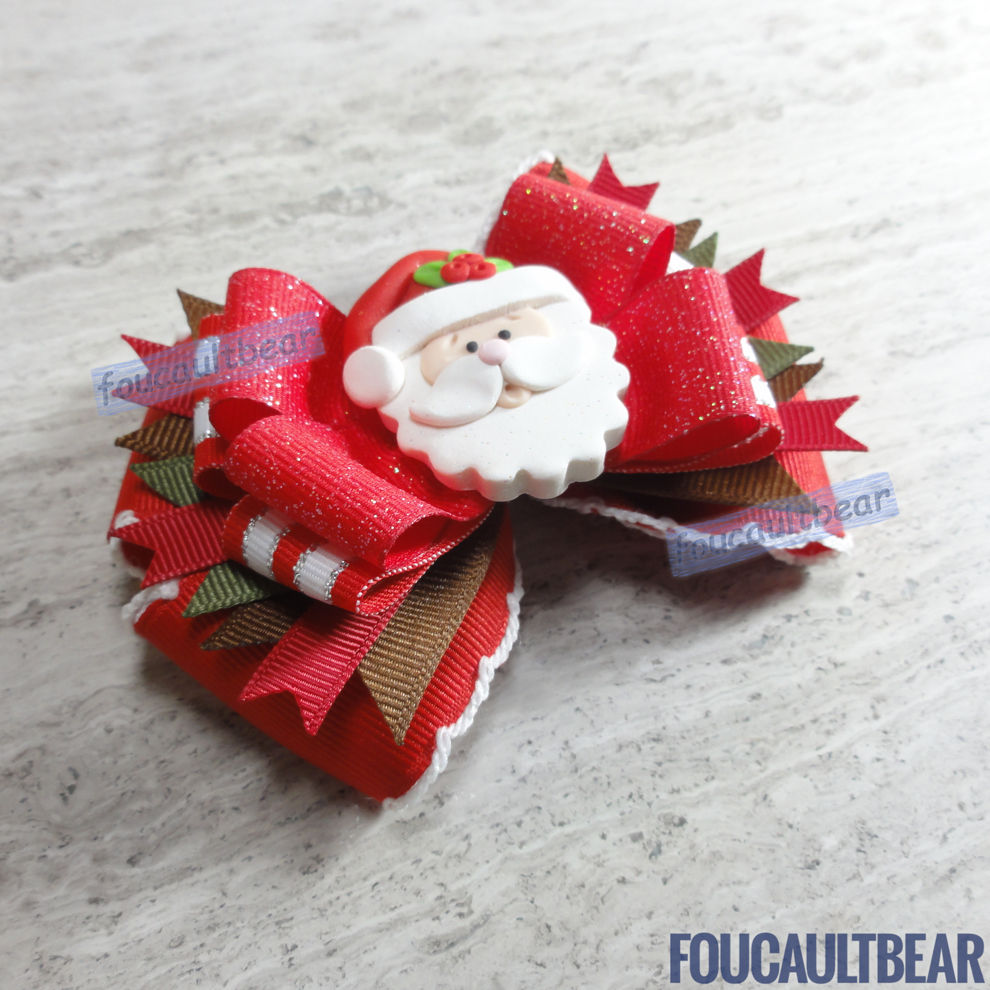 Foucaultbear's HANDMADE MULTI-LAYERED HAIR BOW CLIP with CLAY CENTERPIECE. Winter Holiday Christmas Santa Claus. Handmade Polymer Clay Centerpiece. Grosgrain Ribbon. French Barrette Hair Clip for Ponytail or Pigtails. Adorable Winter Christmas Holiday Santa Claus centerpiece hair bow barrette is perfect for toddlers, preschoolers, kindergartners, elementary or even middle-schoolers for the coming holiday season. Great on adults too. Definitely a conversation piece for that Christmas gathering. 