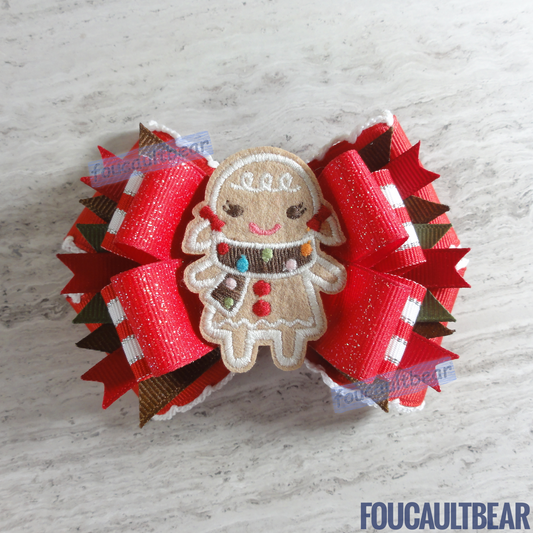 Foucaultbear's HANDMADE MULTI-LAYERED HAIR BOW CLIP with CENTERPIECE. Gingerbread Girl with Scarf & Pigtails. Embroidered Soft Felt Centerpiece. Grosgrain Ribbon. French Barrette Hair Clip for Ponytail or Pigtails. M2MG. Super Adorable Gingerbread Girl centerpiece hair bow barrette is perfect for toddlers, preschoolers, kindergartners, elementary or even middle-schoolers for holiday season. Perfect for that Christmas gathering at the end of the year. Great on adults too! Why not? 