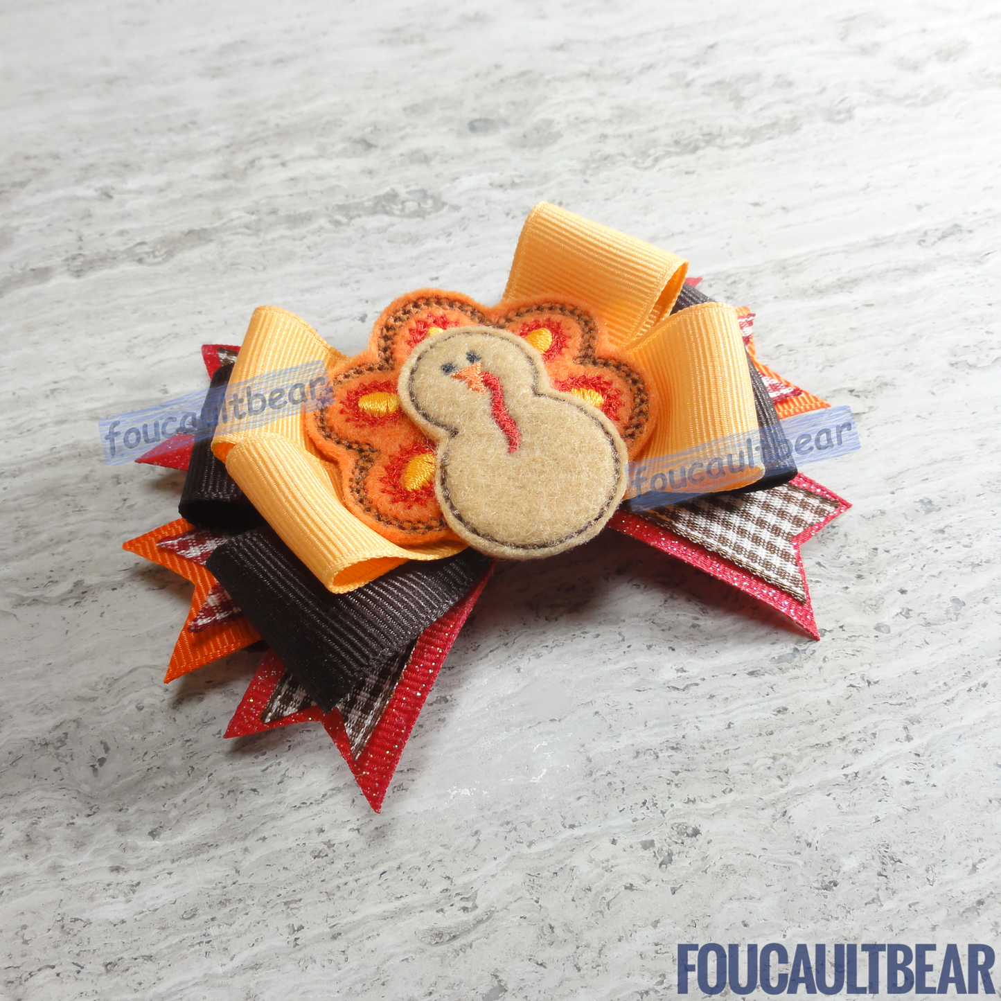 Foucaultbear's HANDMADE MULTI-LAYERED HAIR BOW BARRETTE CLIP with CENTERPIECE. Harvest Turkey with Microcheck. Embroidered Soft Felt Centerpiece. Grosgrain Ribbon. French Barrette Hair Clip for Ponytail or Pigtails. Adorable Harvest Turkey centerpiece hair bow barrette is perfect for toddlers, preschoolers, kindergartners, elementary or even middle-schoolers for the coming Fall and Thanksgiving. Perfect for Christmas and year round when turkeys are afoot! Very Versatile in my opinion. 