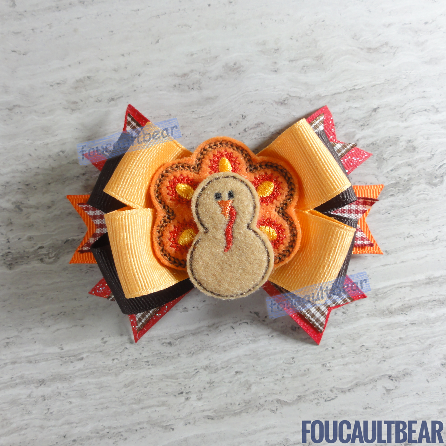 Foucaultbear's HANDMADE MULTI-LAYERED HAIR BOW BARRETTE CLIP with CENTERPIECE. Harvest Turkey with Microcheck. Embroidered Soft Felt Centerpiece. Grosgrain Ribbon. French Barrette Hair Clip for Ponytail or Pigtails. Adorable Harvest Turkey centerpiece hair bow barrette is perfect for toddlers, preschoolers, kindergartners, elementary or even middle-schoolers for the coming Fall and Thanksgiving. Perfect for Christmas and year round when turkeys are afoot! Very Versatile in my opinion. 